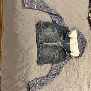 Free People Distressed Blue Denim Jacket Hooded with Sleeves